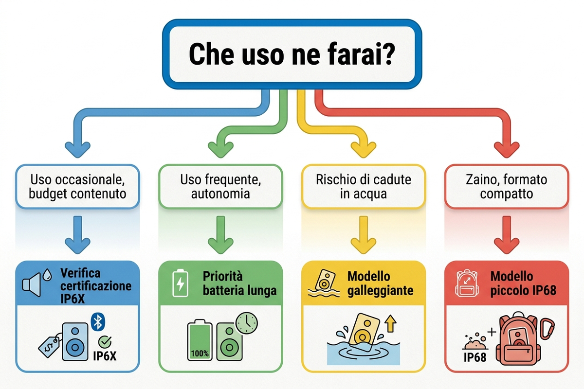 Albero decisionale per scegliere la cassa Bluetooth da spiaggia in base a budget e uso