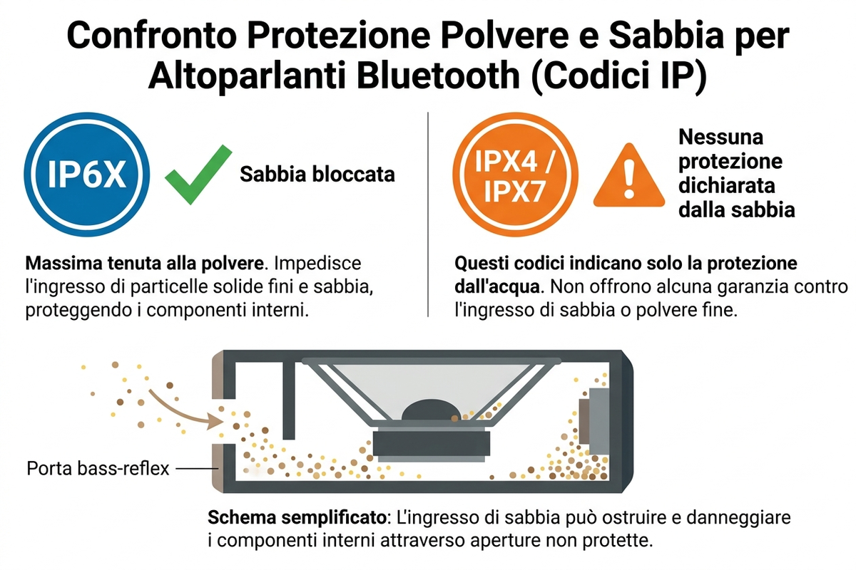 Infografica: come la sabbia entra in una cassa Bluetooth non protetta e differenza tra griglia e porta bass-reflex