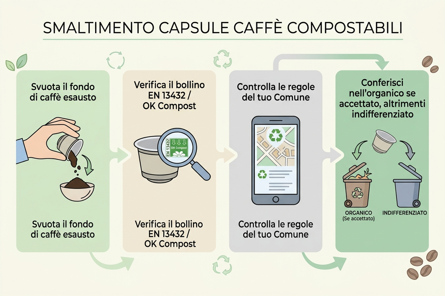 Diagramma che illustra il percorso di smaltimento corretto di cialde e capsule, dal conferimento alla separazione del fondo di caffè