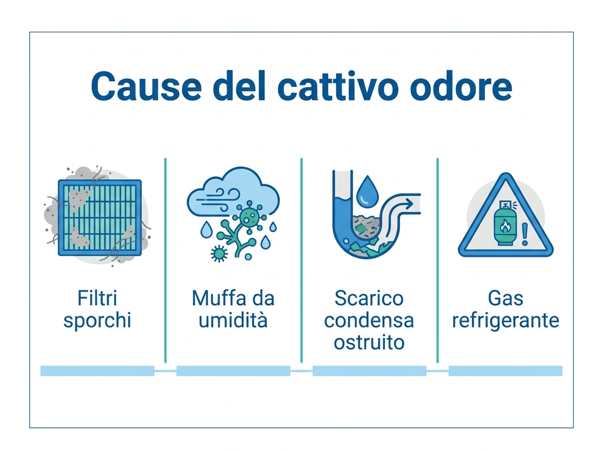 Schema delle cause del cattivo odore del climatizzatore: filtri sporchi, muffa, condensa stagnante, gas refrigerante