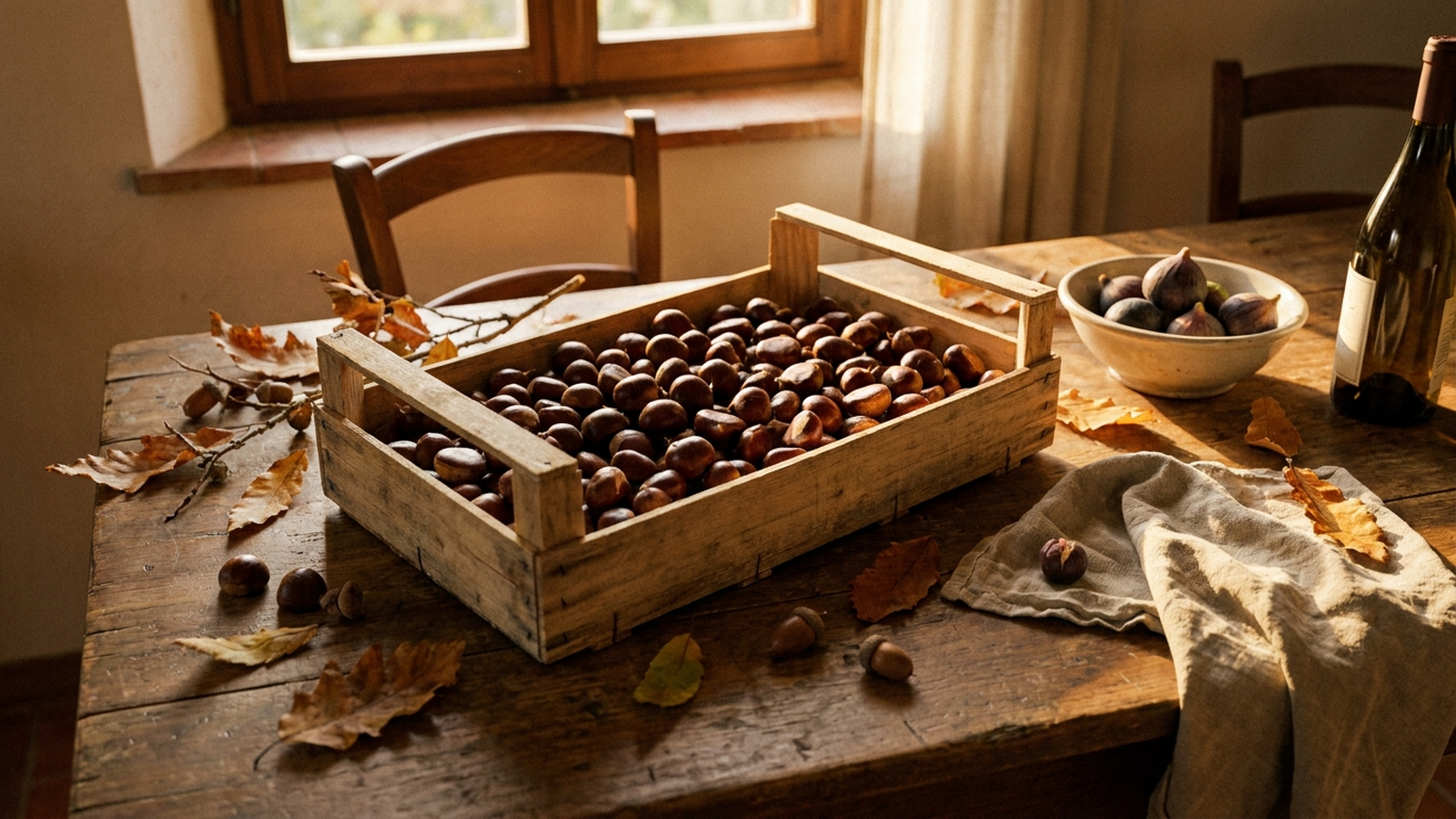 Cassetta di legno con castagne fresche appena raccolte accanto a foglie autunnali su un tavolo rustico