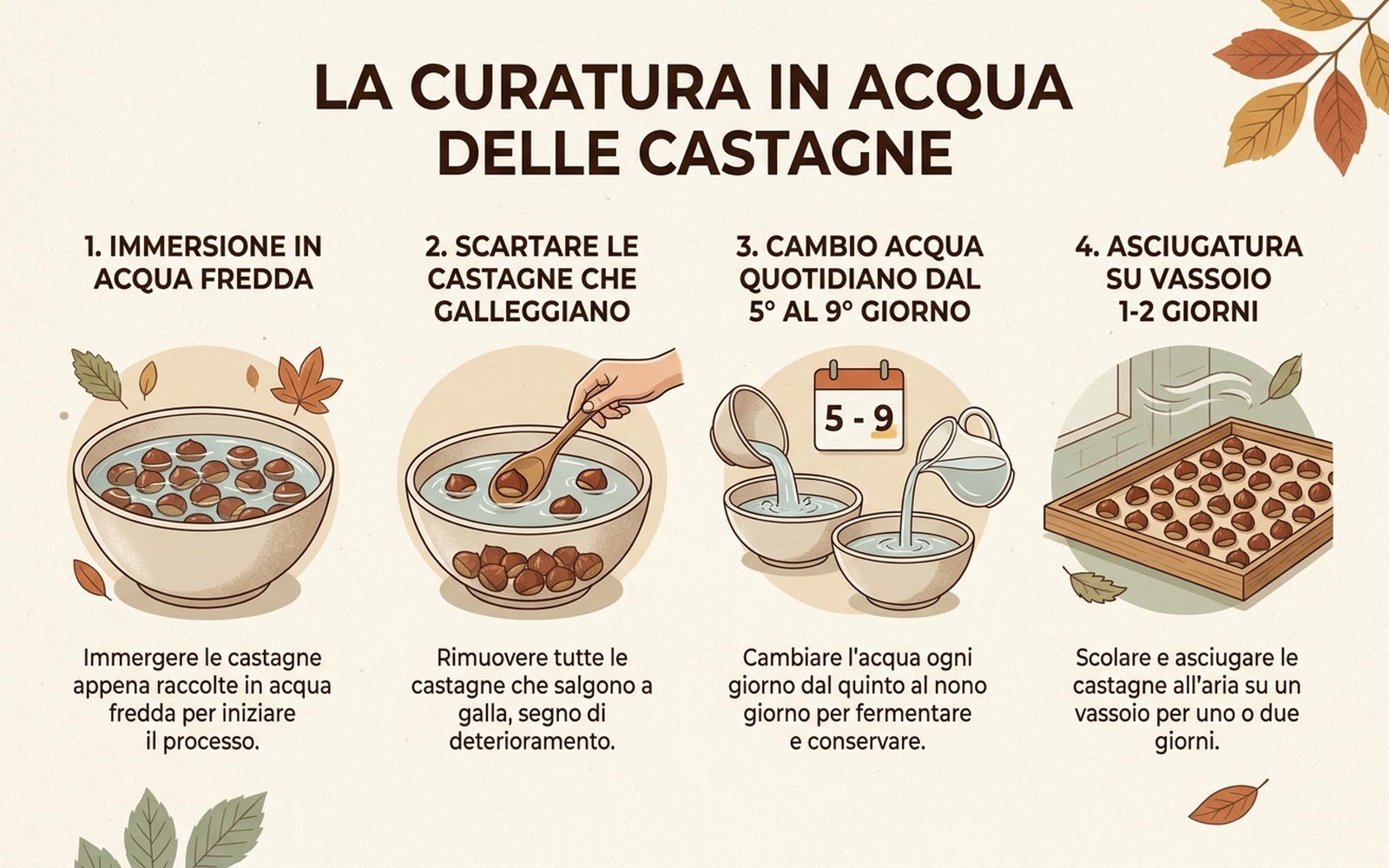 Infografica con i passaggi della curatura in acqua delle castagne: immersione, selezione degli scarti a galla, cambio acqua quotidiano dal quinto giorno, asciugatura su vassoio