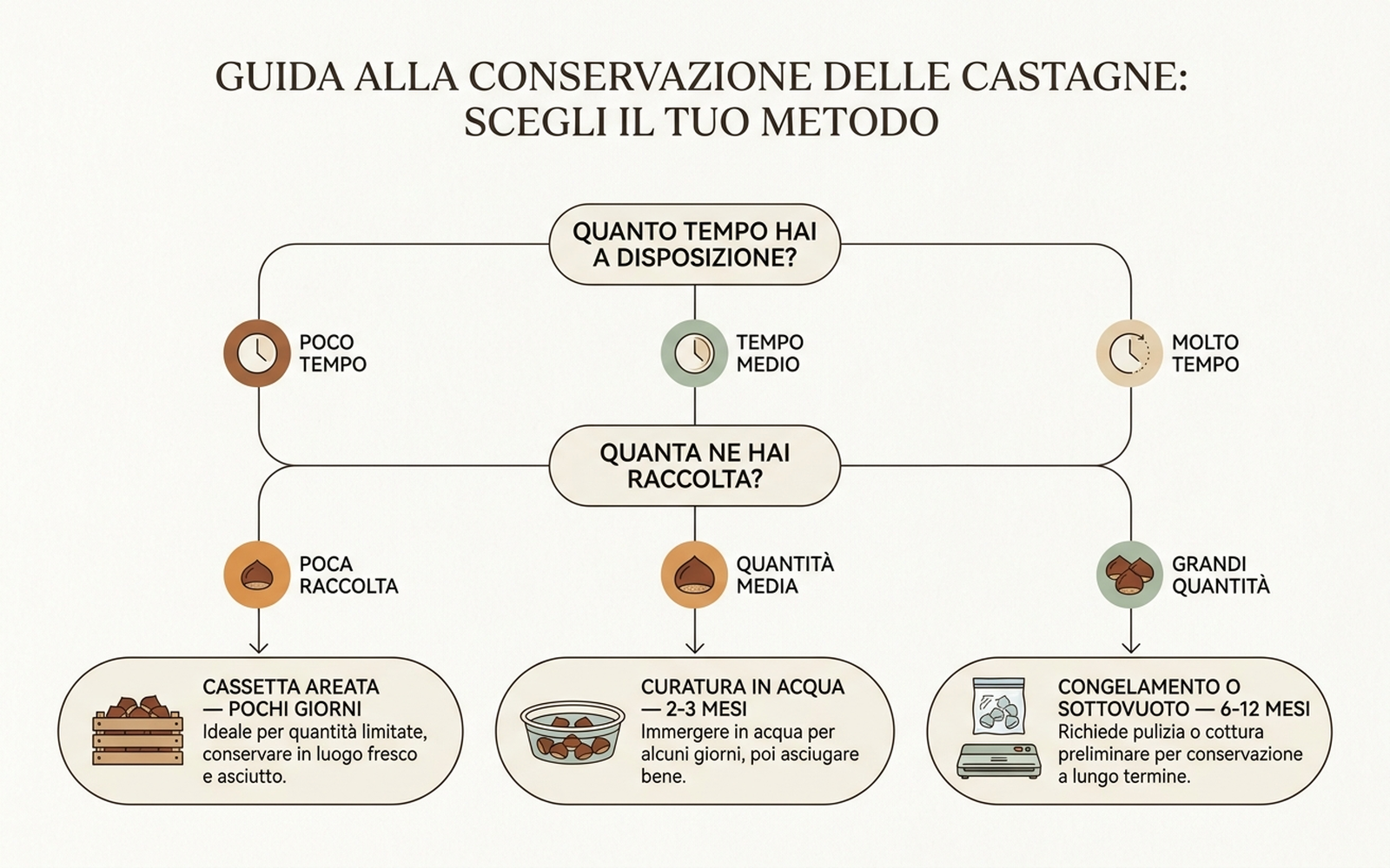 Albero decisionale per scegliere il metodo di conservazione delle castagne in base a quantità raccolta e tempo disponibile