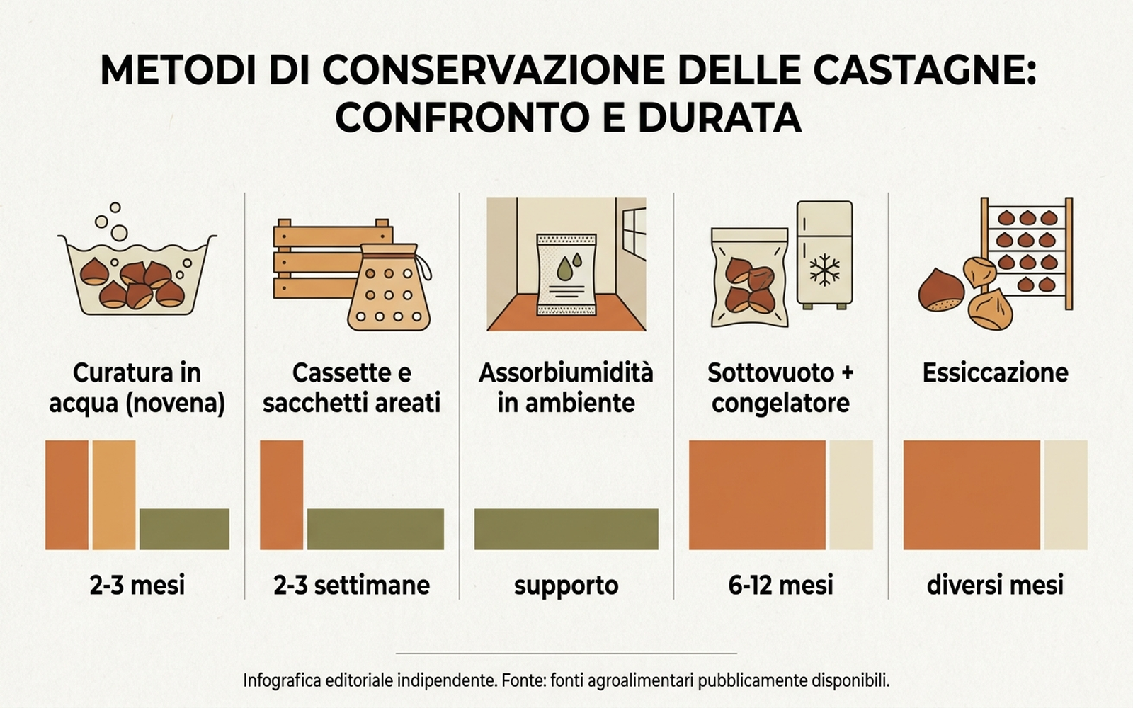 Infografica di confronto tra curatura in acqua, essiccazione, congelamento, cassette areate e sottovuoto con durata indicativa di ciascun metodo