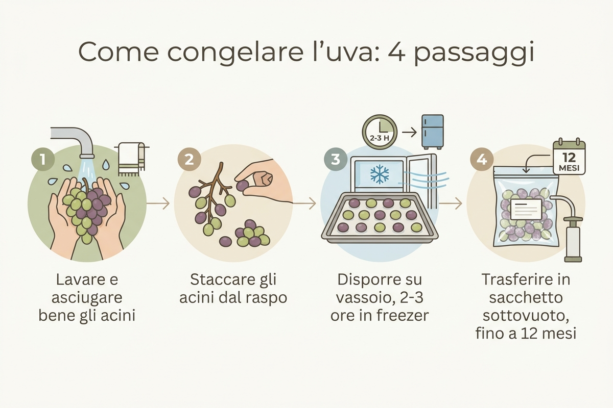 Diagramma con i quattro passaggi per congelare l'uva: lavare, staccare gli acini, congelare su vassoio, trasferire in sacchetto