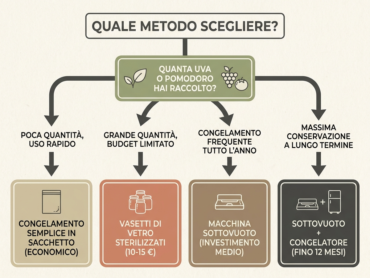 Albero decisionale per scegliere il metodo di conservazione in base a quantità raccolta e budget