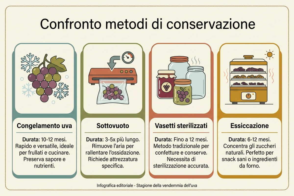Infografica che confronta quattro metodi di conservazione: congelamento, sottovuoto, vasetti sterilizzati ed essiccazione, con durata di conservazione