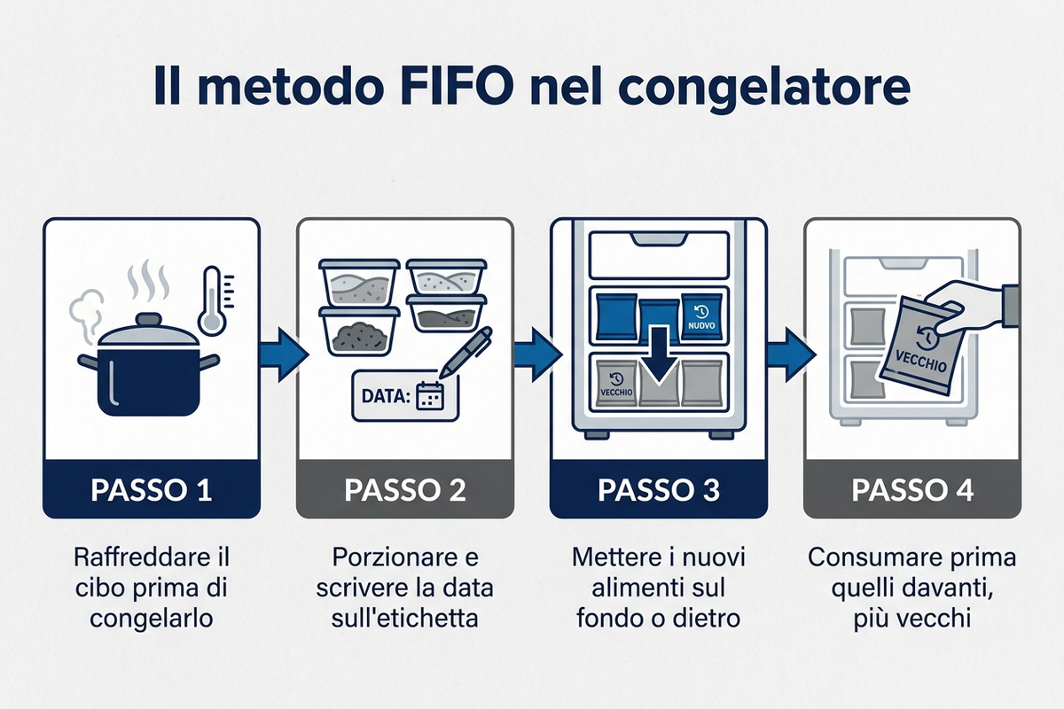 Diagramma dei quattro passi del metodo FIFO per organizzare il congelatore: raffreddare, porzionare ed etichettare, posizionare dietro, consumare i più vecchi
