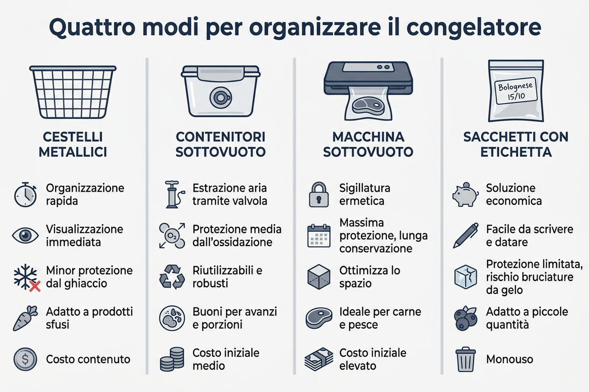 Infografica che confronta quattro metodi di organizzazione del congelatore: cestelli metallici, contenitori sottovuoto, macchina sottovuoto e sacchetti con etichetta