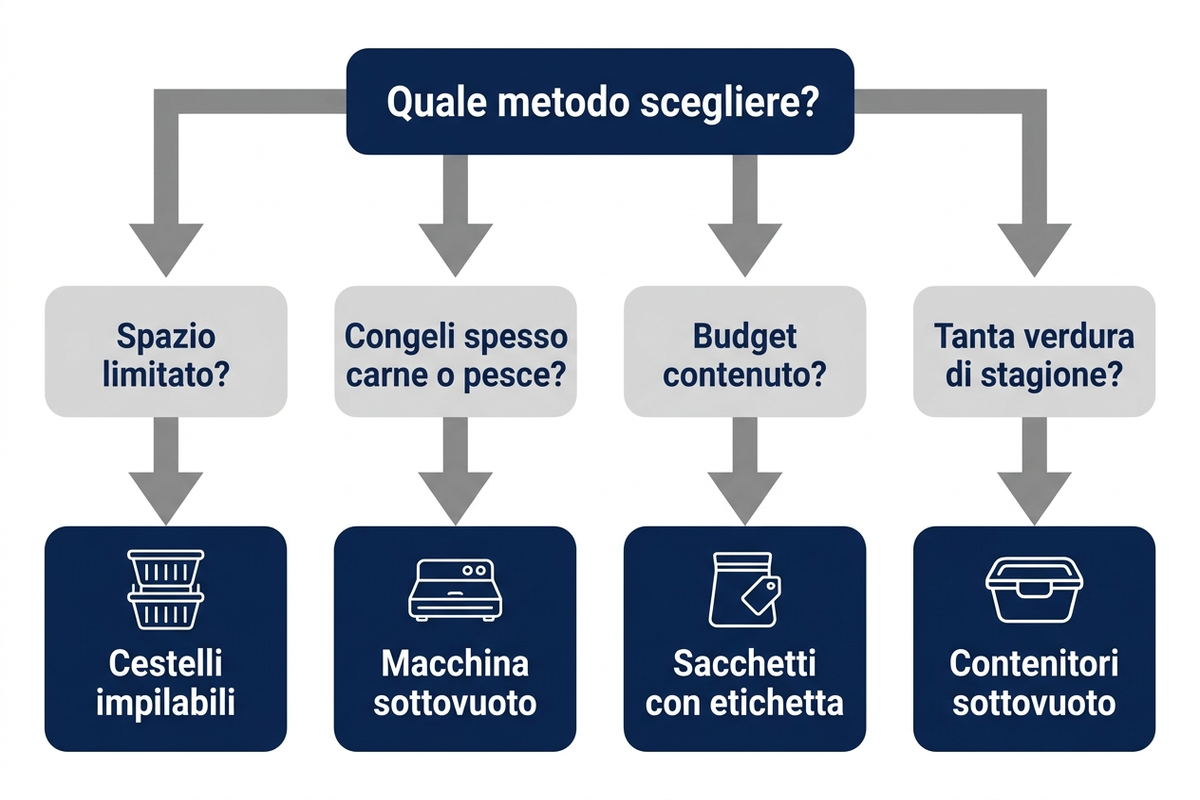 Albero decisionale per scegliere il metodo di organizzazione del congelatore in base a spazio, budget, frequenza di congelamento e tipo di alimenti