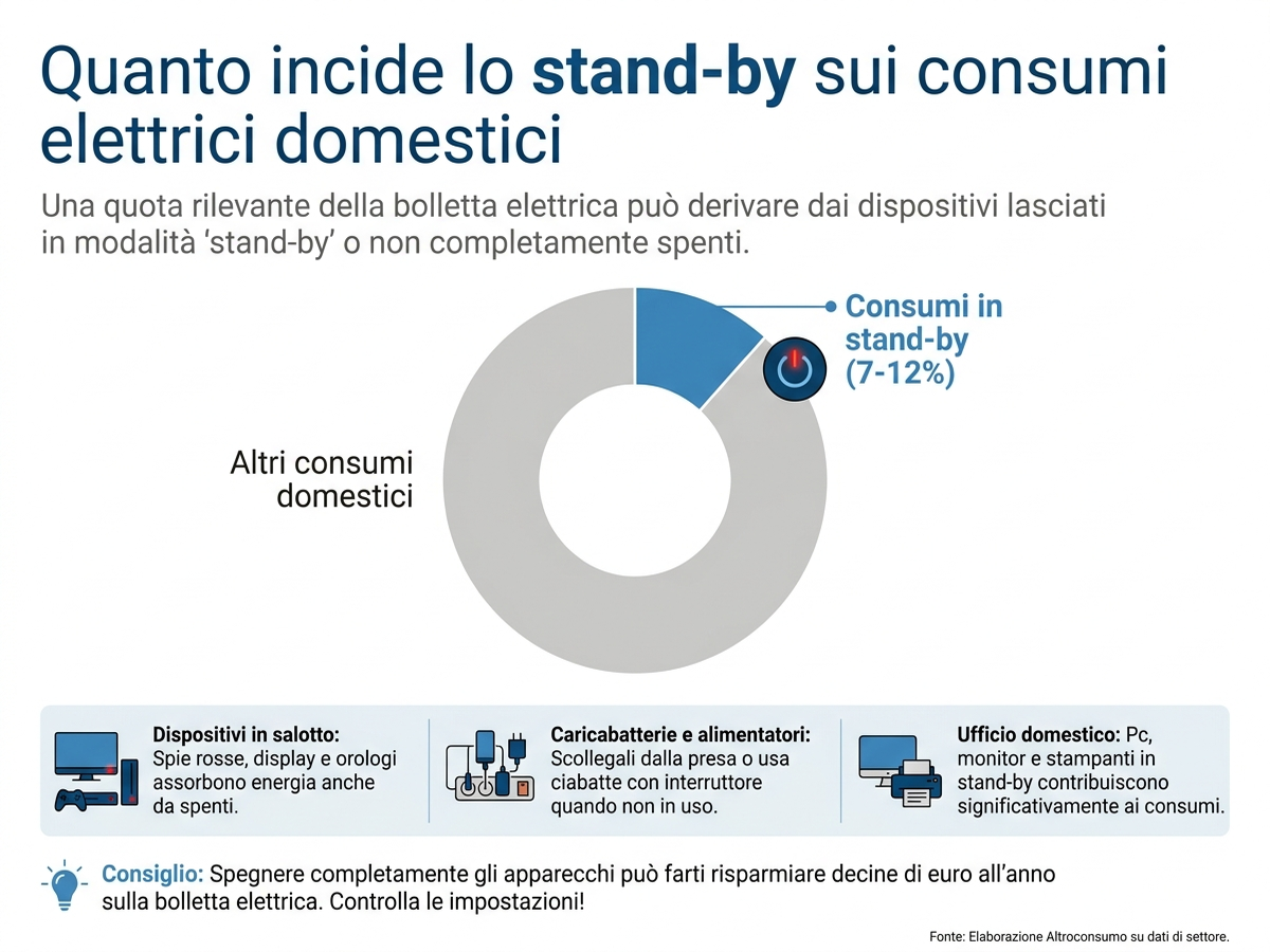 Infografica: quanto incide lo stand-by sui consumi elettrici domestici, 7-12% del totale