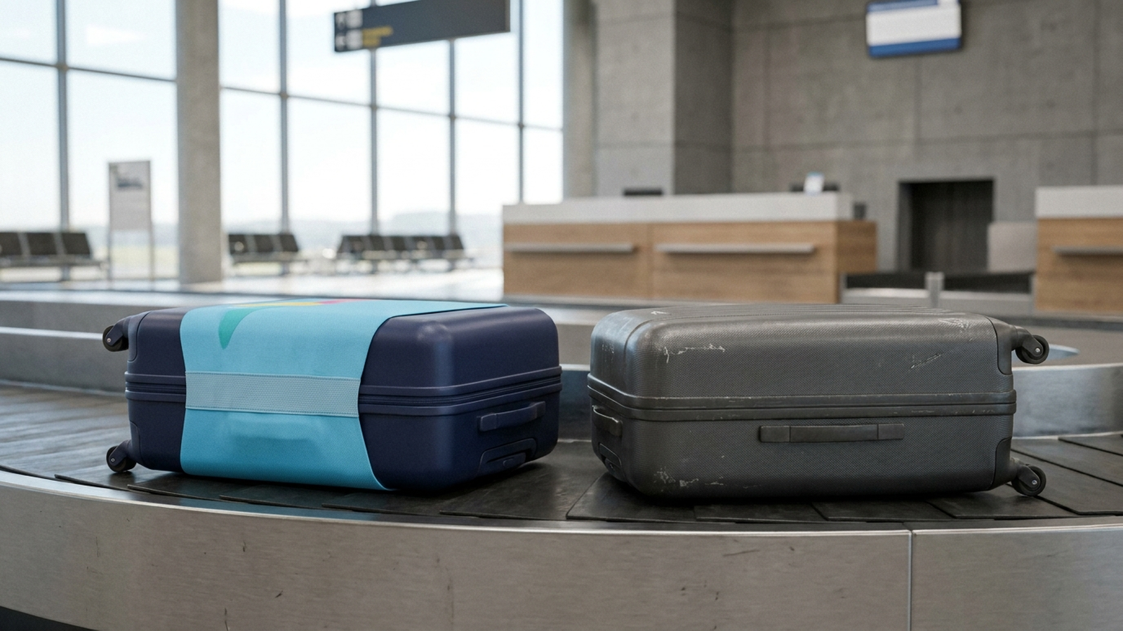 Due valigie rigide su un nastro trasportatore in aeroporto, una con coprivaligia elasticizzato e una senza protezione