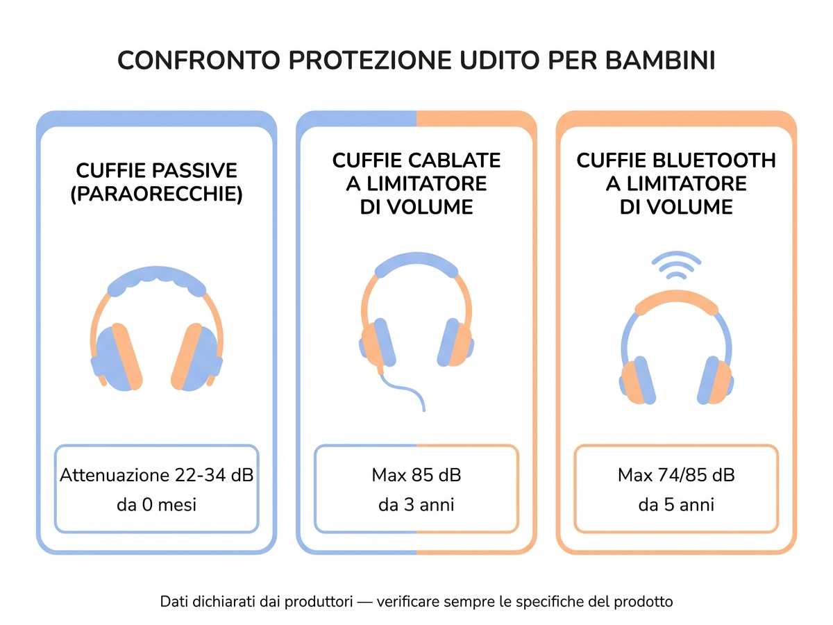 Infografica di confronto tra tre tecnologie di protezione uditiva per bambini con dB e fascia d'età