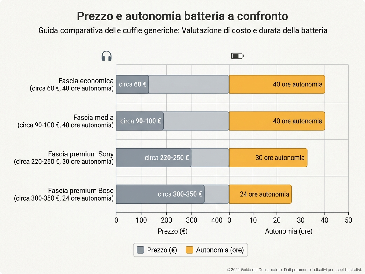 Grafico di confronto tra prezzo e autonomia della batteria delle diverse fasce di cuffie con cancellazione del rumore