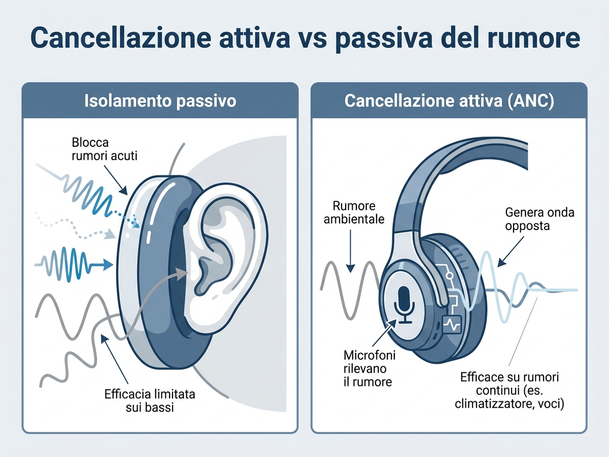 Infografica che confronta cancellazione attiva e isolamento passivo del rumore