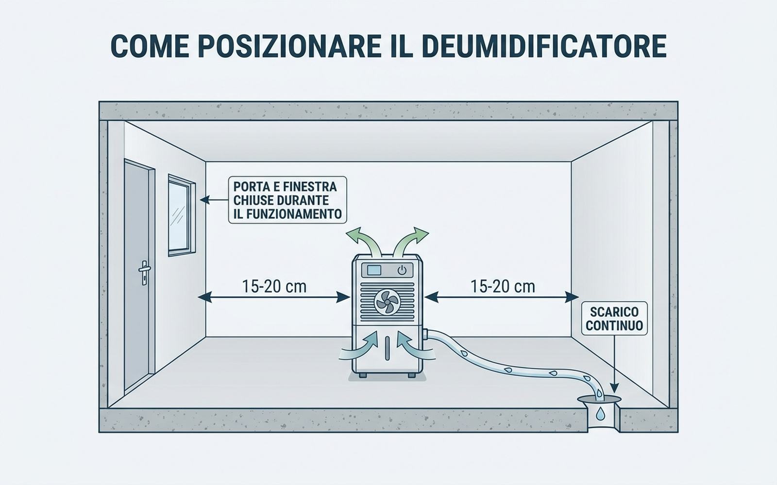 Diagramma di posizionamento del deumidificatore in cantina: distanza dalle pareti e scarico continuo