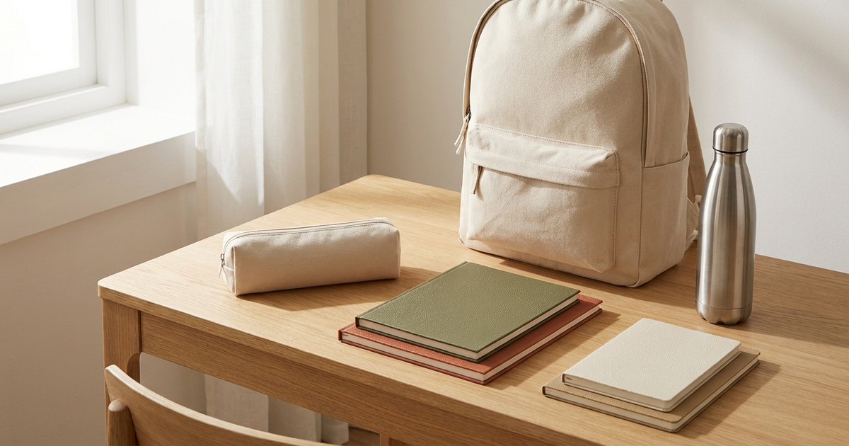 Zaino scolastico chiaro con astuccio, quaderni e borraccia disposti ordinatamente su un tavolo di legno chiaro, luce naturale, nessuna persona in vista