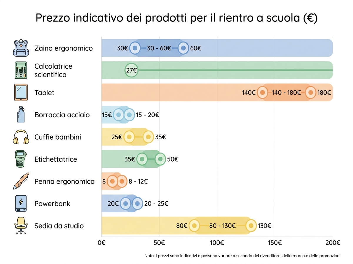 Grafico prezzo-utilità dei principali prodotti per il rientro a scuola: zaino, calcolatrice, tablet, borraccia, cuffie, etichettatrice, penna, powerbank e sedia, con fascia di prezzo indicativa in euro