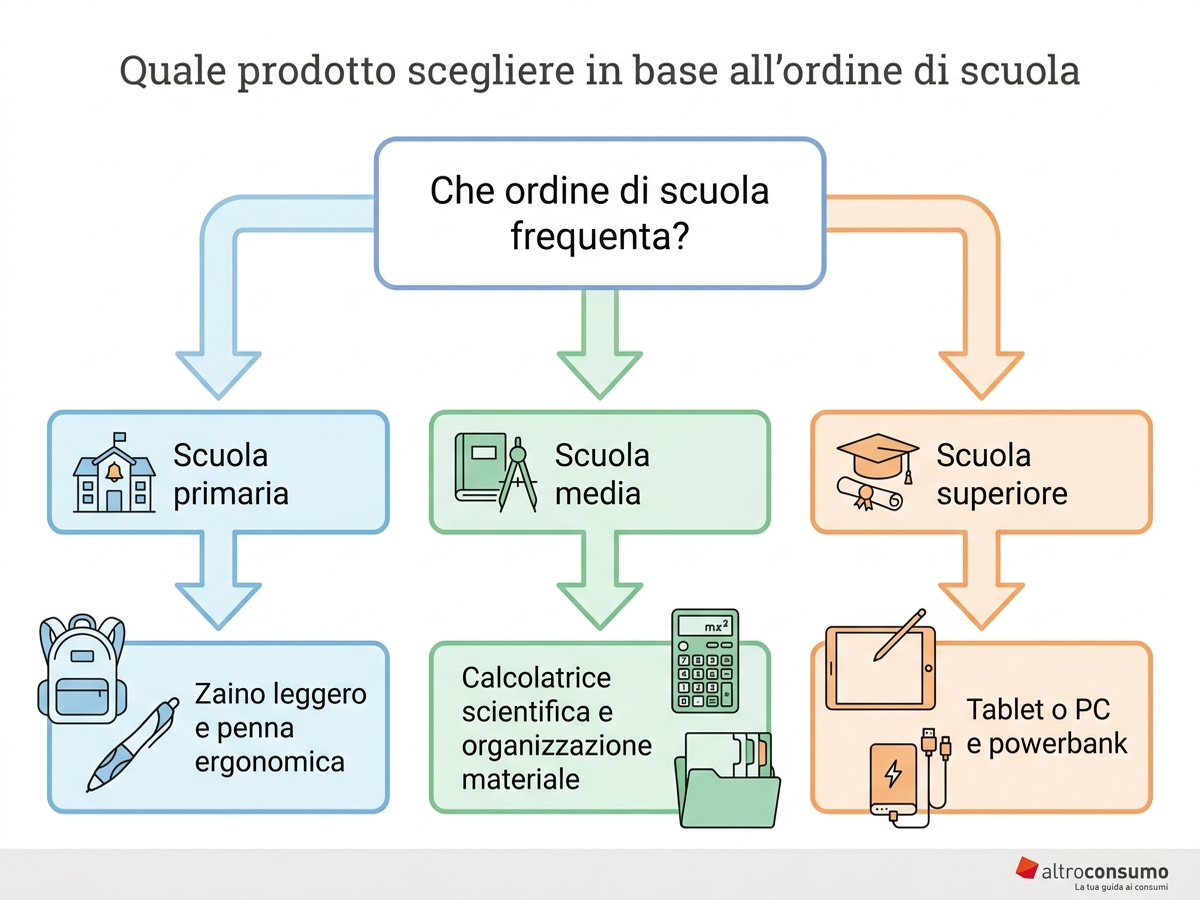 Albero decisionale: quale prodotto per il rientro a scuola scegliere in base all'ordine di scuola (primaria, medie, superiori) e alla priorità (peso, autonomia, organizzazione)