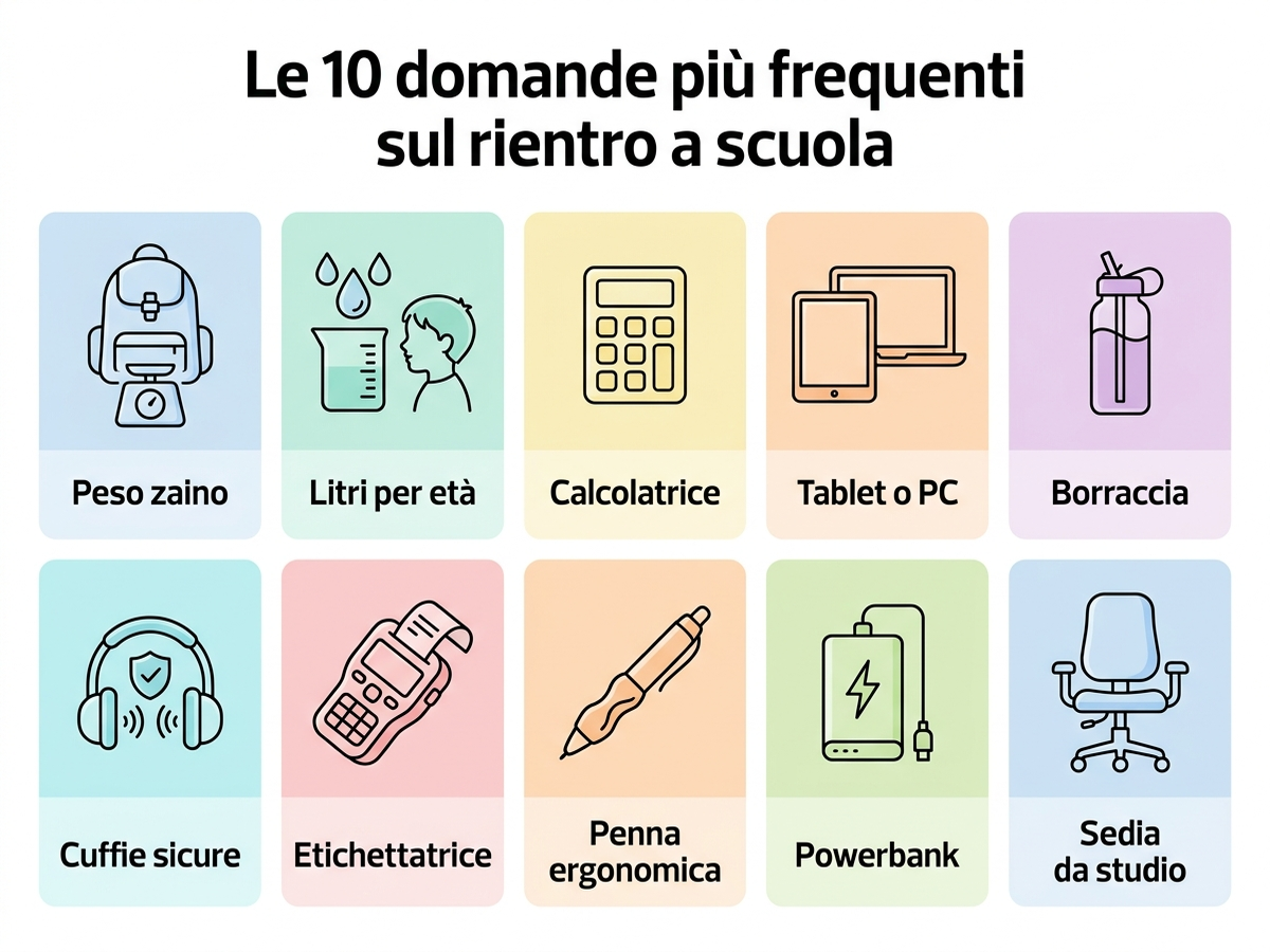Griglia con le 10 domande più frequenti sul rientro a scuola: peso zaino, litri per età, calcolatrice, tablet o PC, borraccia, cuffie, etichettatrice, penna, powerbank, sedia da studio