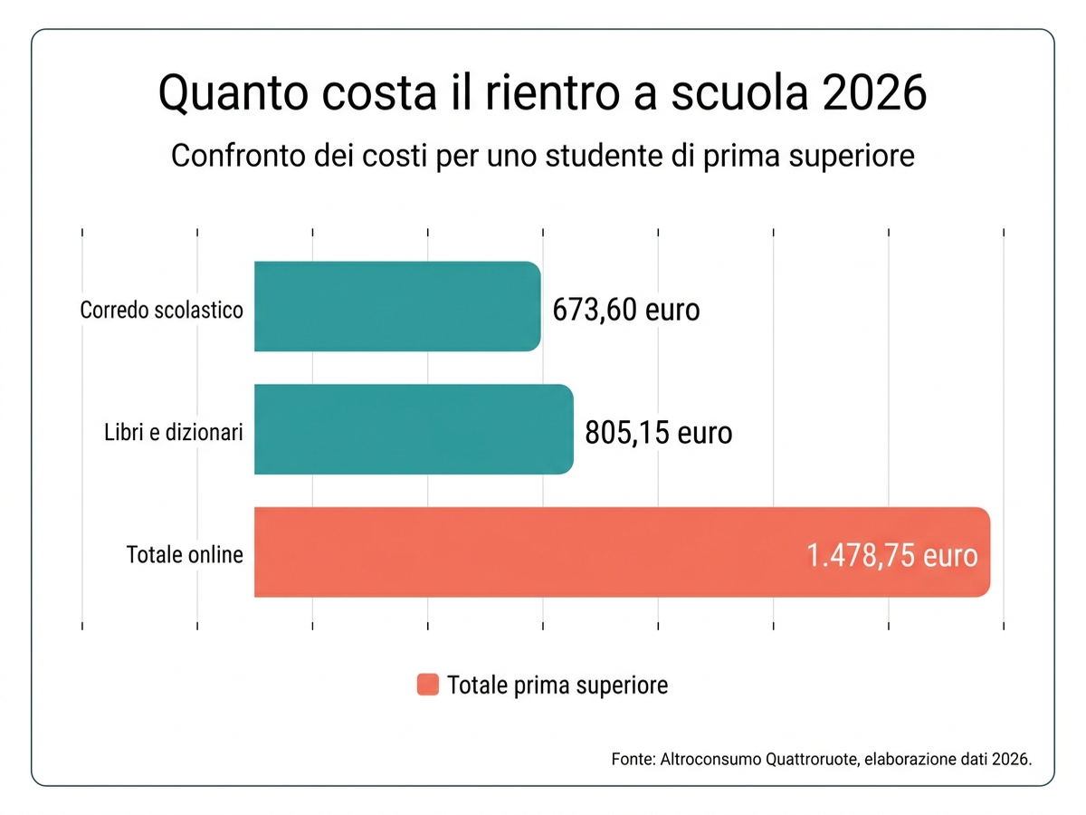 Grafico a barre: costo del corredo scolastico, dei libri di testo e della tecnologia per il rientro a scuola 2026 secondo Federconsumatori