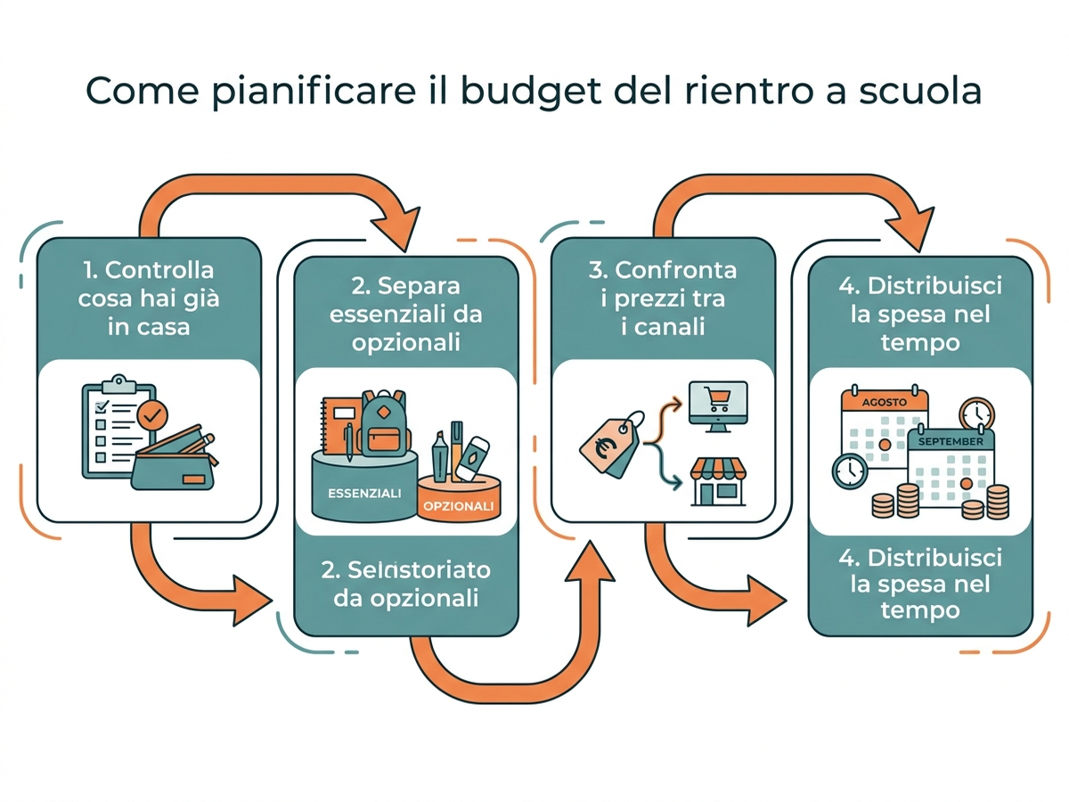 Diagramma di flusso: come decidere cosa comprare per il rientro a scuola, dal controllo del materiale esistente al confronto prezzi tra canali
