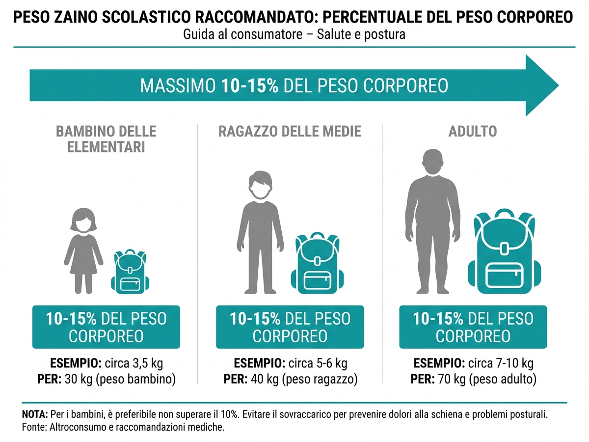 Infografica: peso massimo raccomandato dello zaino scolastico in base al peso corporeo del bambino, secondo le linee guida pediatriche