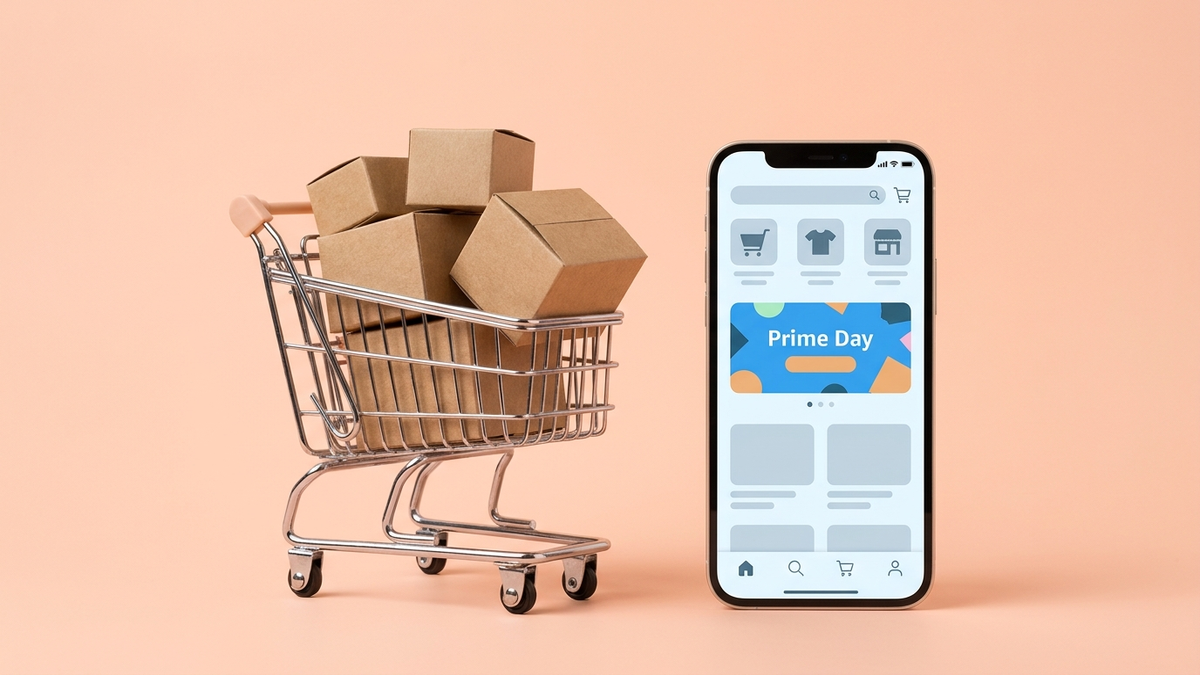 Carrello della spesa con pacchi di cartone e uno smartphone su sfondo neutro