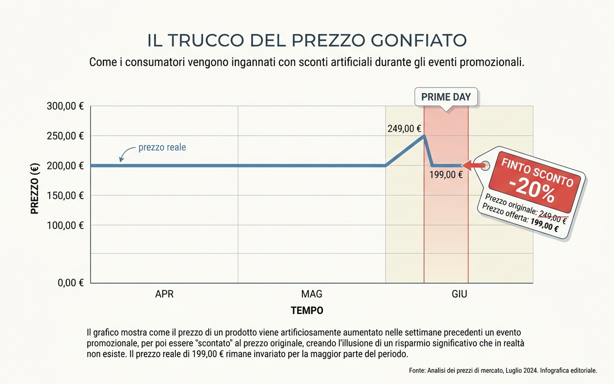 Grafico che mostra un prezzo gonfiato nelle settimane prima del Prime Day e poi un finto sconto, con etichette in italiano