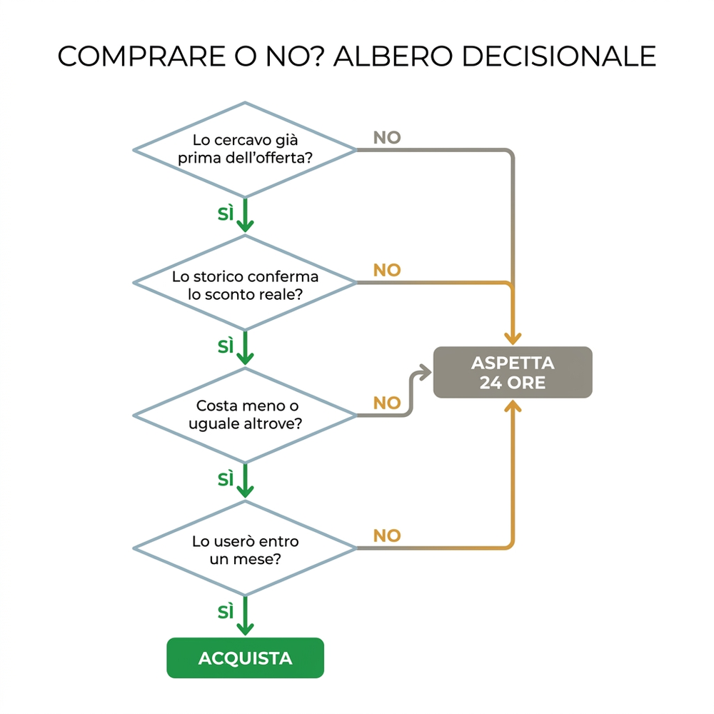 Diagramma di flusso per decidere se acquistare durante il Prime Day, con etichette in italiano