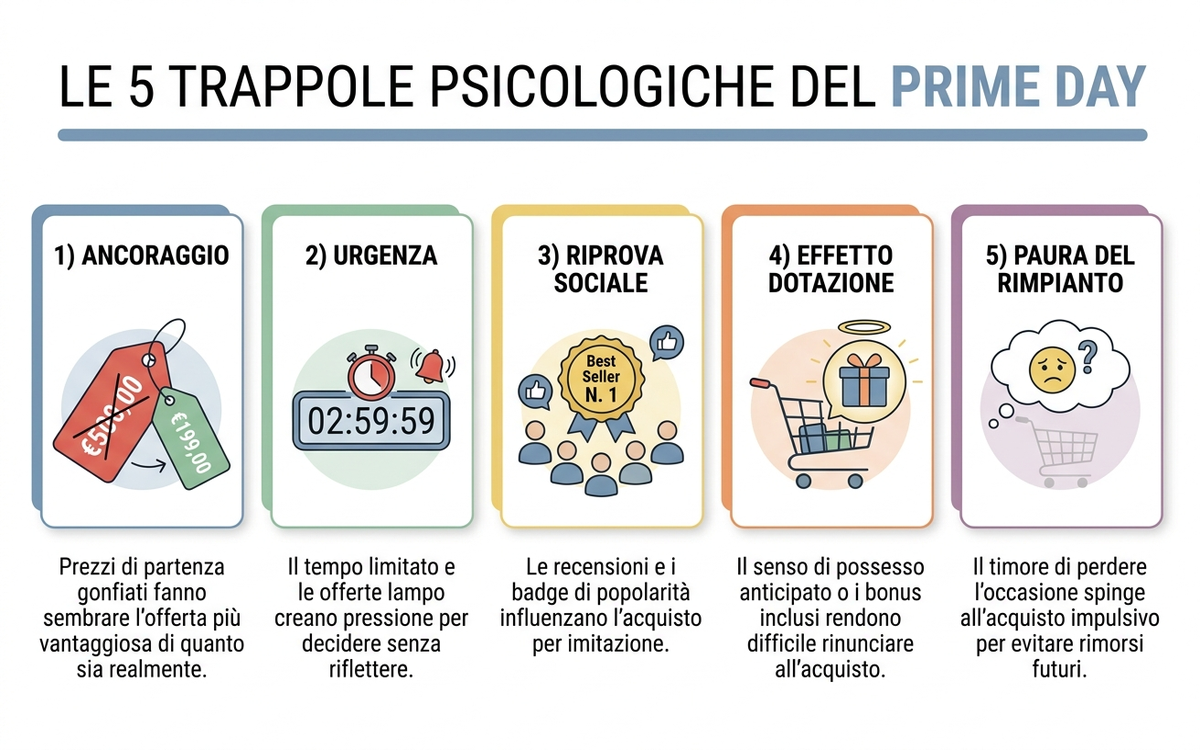 Infografica delle cinque trappole psicologiche del Prime Day con icone e descrizioni in italiano