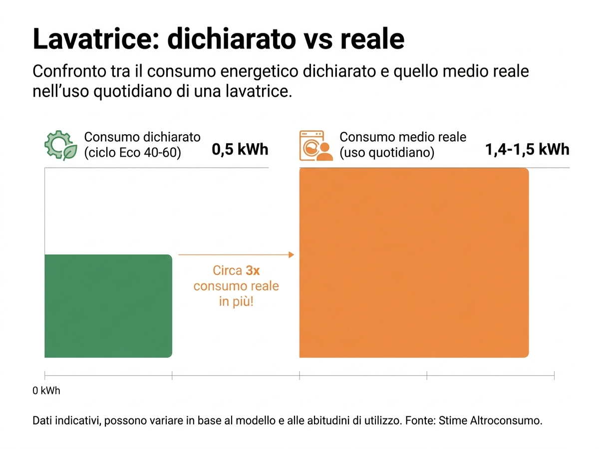 Grafico di confronto tra consumo dichiarato (ciclo Eco) e consumo medio reale (mix di programmi) per una lavatrice