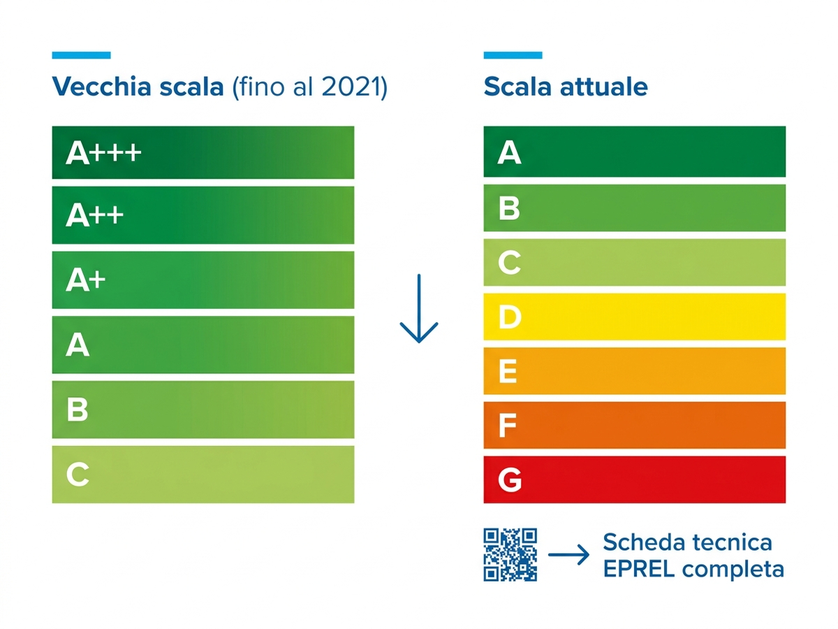 Infografica di confronto tra vecchia scala A+++/A++/A+ ed etichetta attuale A-G con QR code EPREL