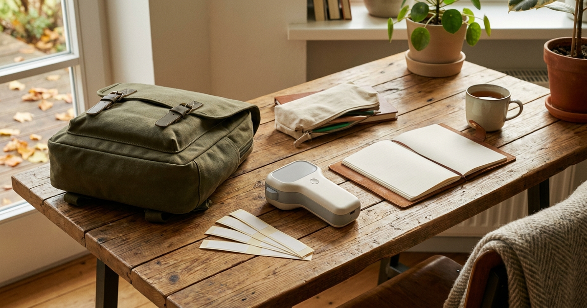 Etichettatrice portatile su una scrivania con zaino scolastico, quaderni e astuccio etichettati