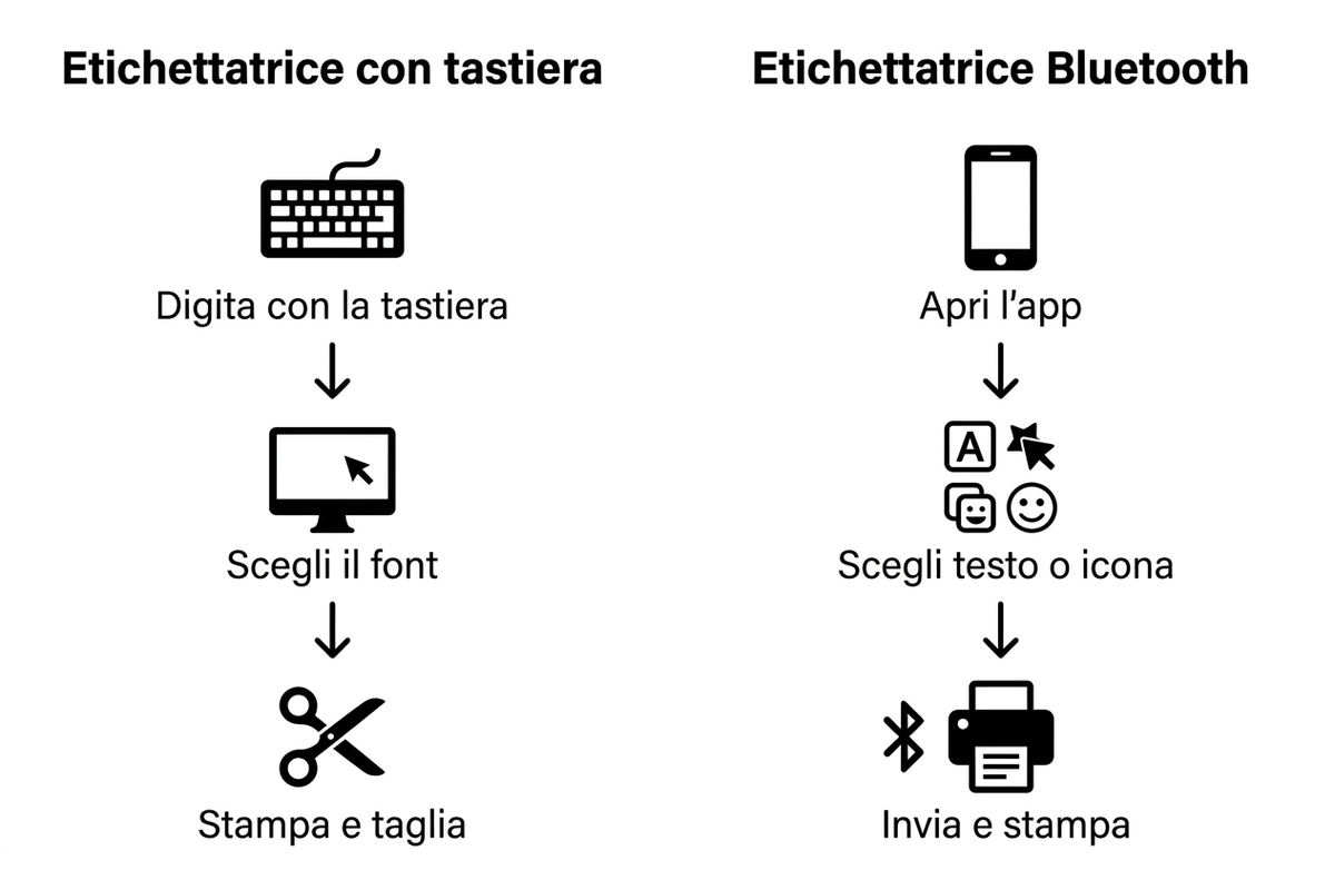 Diagramma "come si usa" di un'etichettatrice con tastiera confrontato con un'etichettatrice Bluetooth gestita da smartphone