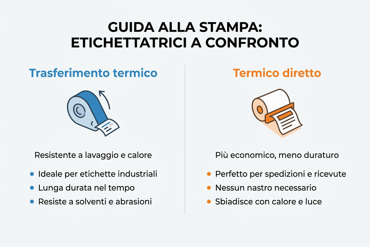 Infografica di confronto tra etichettatrice a trasferimento termico e a stampa termica diretta: durata, resistenza e uso consigliato