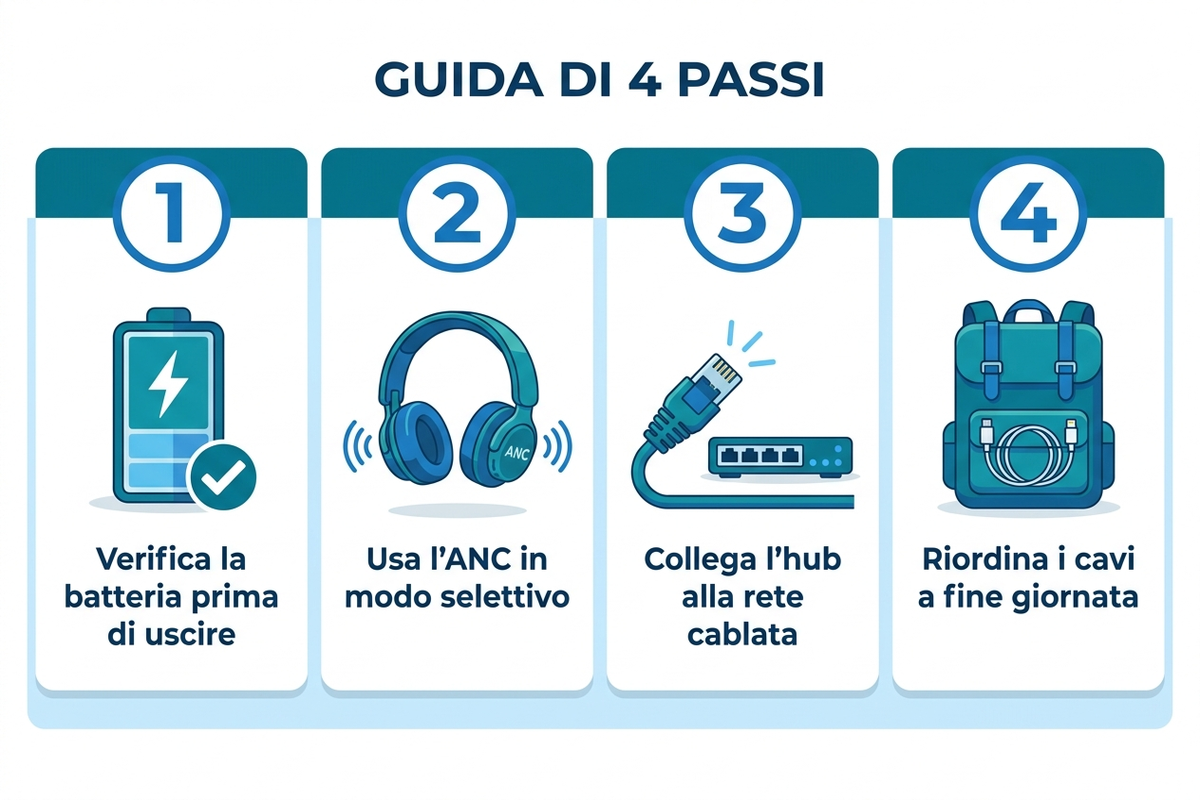 Guida in 4 passaggi per organizzare la postazione mobile: verificare l'autonomia della batteria prima di uscire, indossare le cuffie ANC solo quando serve concentrazione, collegare l'hub USB-C al monitor del coworking, riporre i cavi nello zaino a fine giornata