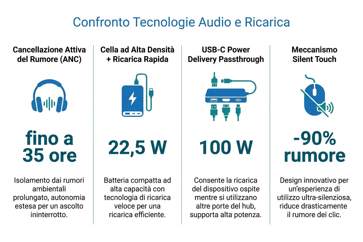Infografica di confronto tra tre tecnologie per gadget da scrivania portatili: cancellazione attiva del rumore nelle cuffie, cella GaN nel power bank, chip USB-C Power Delivery nell'hub, con autonomia in ore e potenza in watt