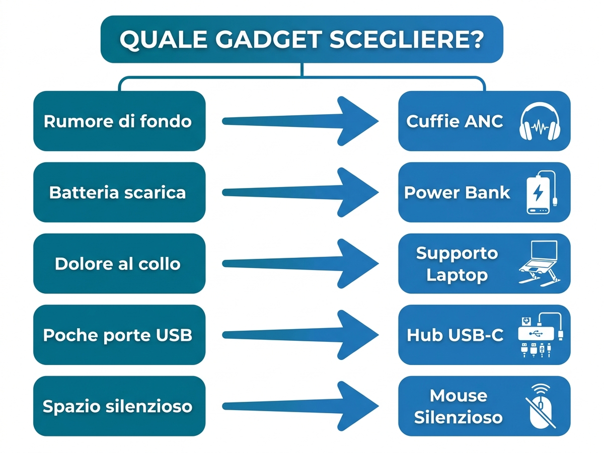 Albero decisionale per scegliere tra cuffie ANC, power bank, supporto laptop, hub USB-C e mouse silenzioso in base al problema principale del freelance in movimento