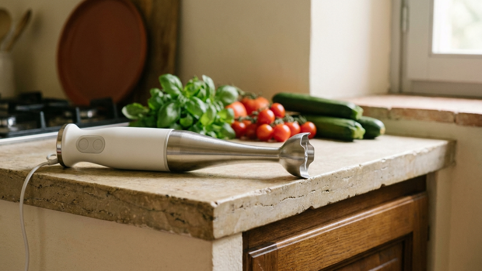 Frullatore a immersione su un piano cucina compatto, senza testo