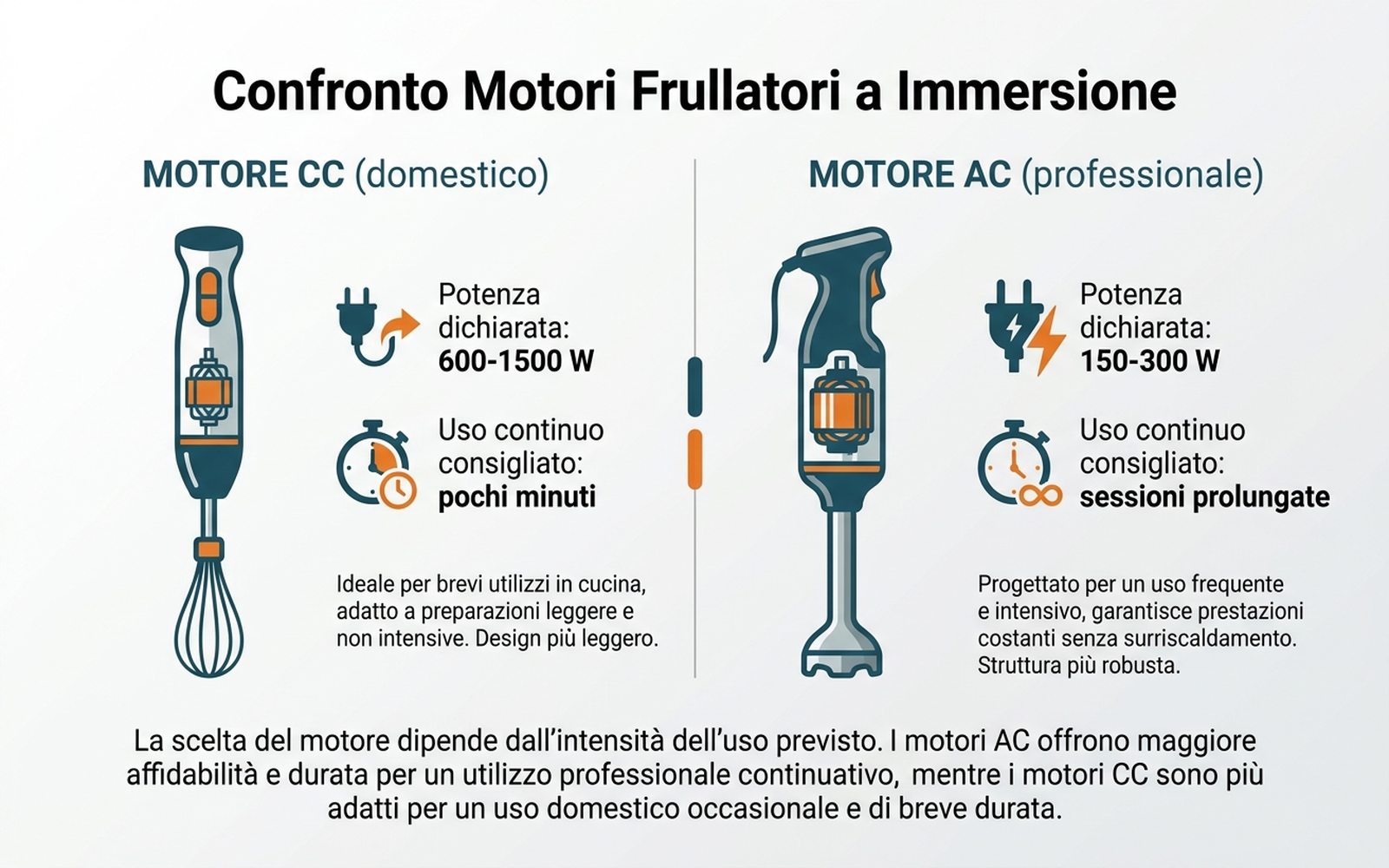 Infografica di confronto tra motore CC domestico e motore AC professionale con potenza in watt e durata d'uso continuo
