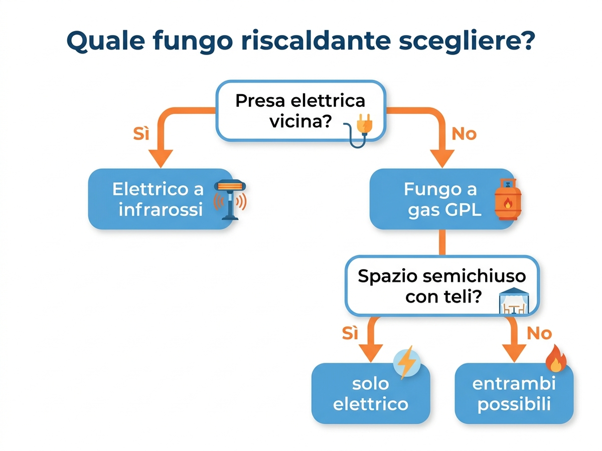 Albero decisionale per scegliere tra fungo a gas ed elettrico in base a spazio, budget e presa elettrica disponibile