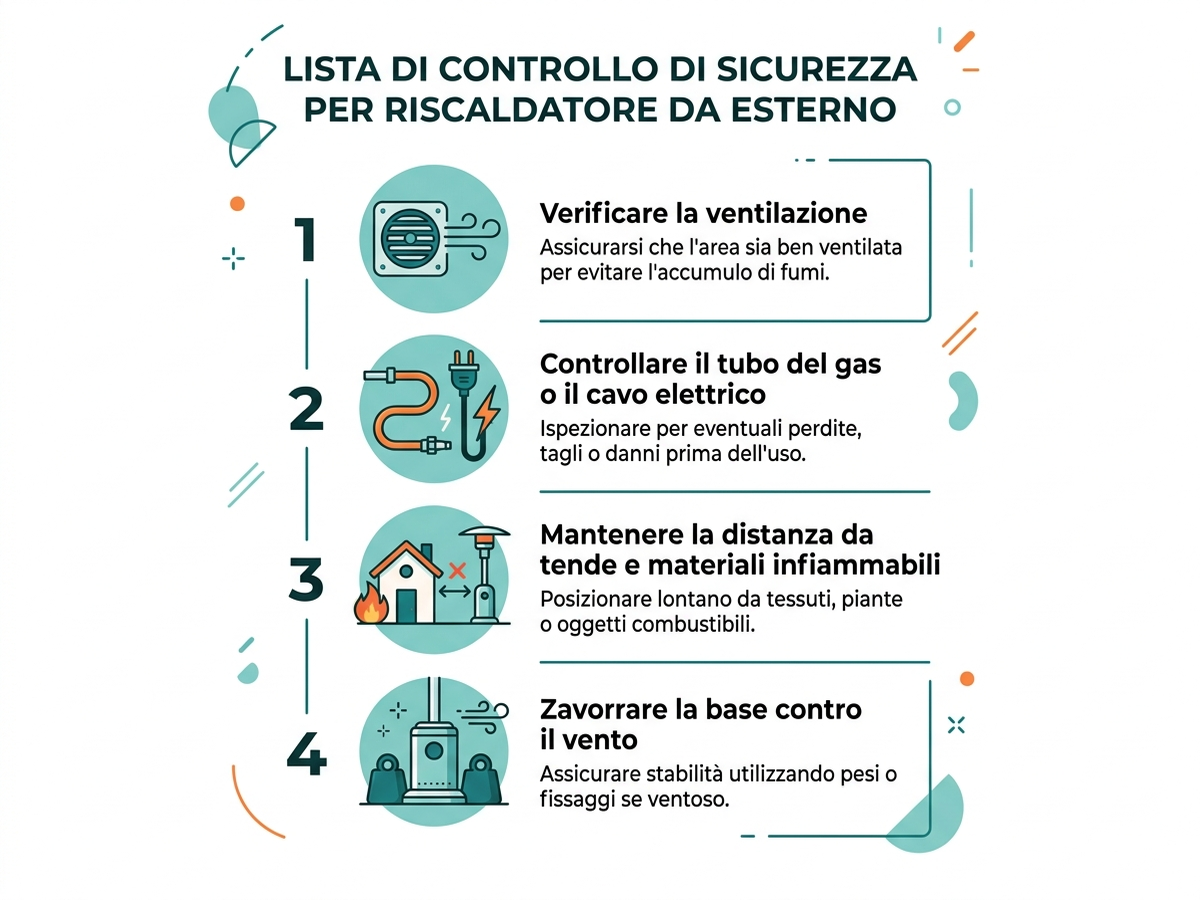 Diagramma dei controlli di sicurezza da fare prima di accendere un fungo a gas o un riscaldatore elettrico