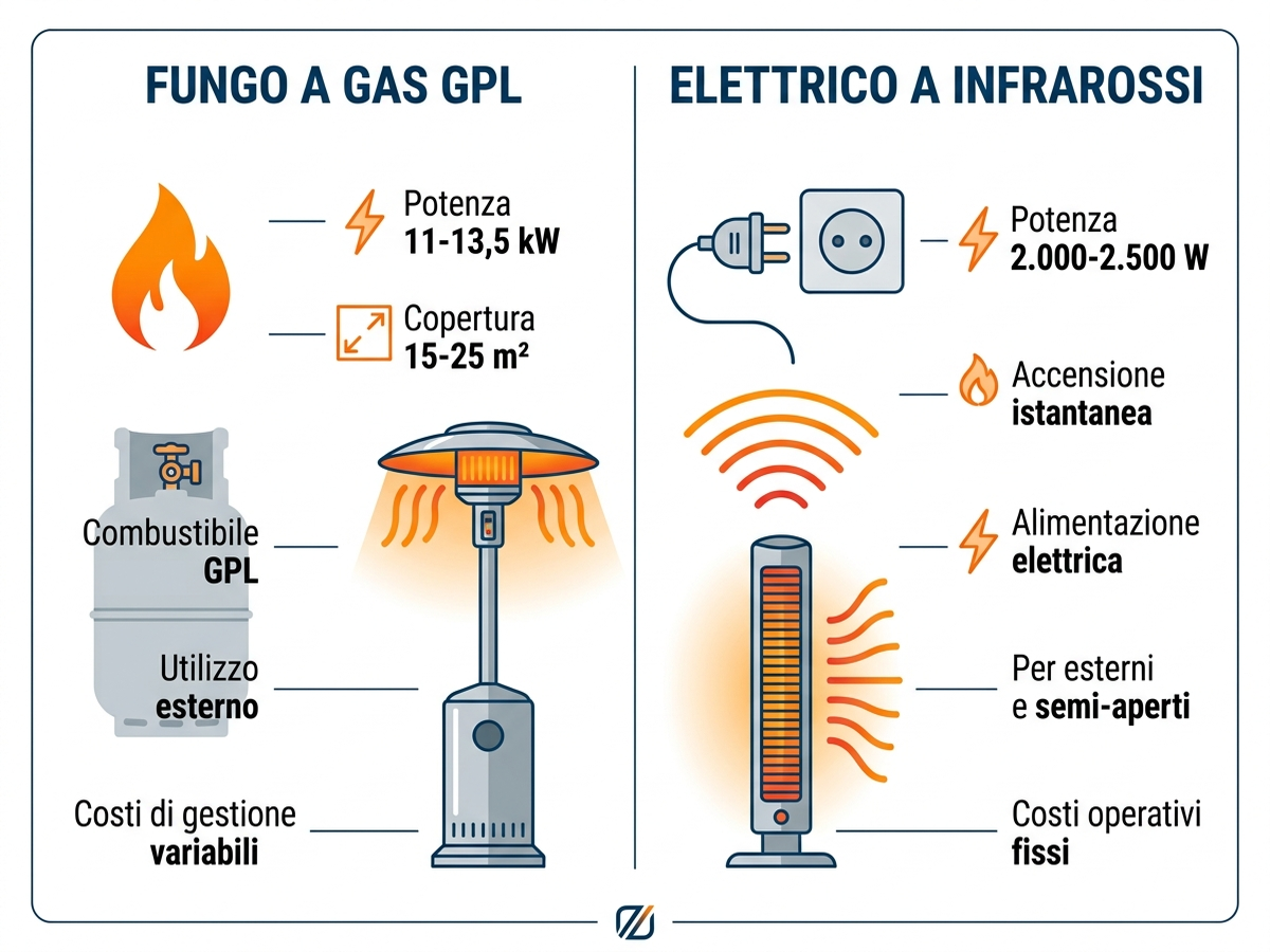 Infografica di confronto tra fungo riscaldante a gas GPL e riscaldatore elettrico a infrarossi