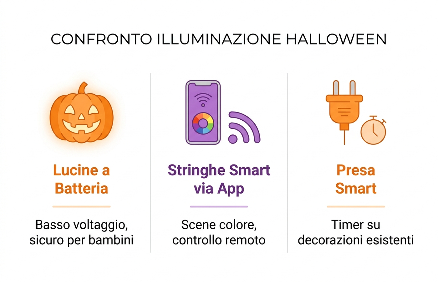 Infografica di confronto tra lucine a batteria, stringhe smart via app e presa smart abbinata a decorazioni esistenti