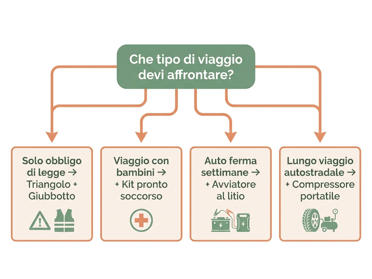 Albero decisionale per scegliere gli accessori del kit d'emergenza auto in base a budget e tipo di viaggio