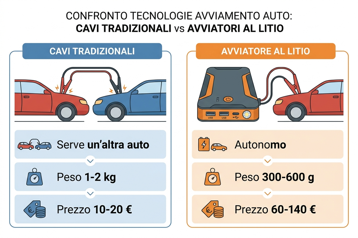Infografica di confronto tra avviatore di emergenza al litio portatile e cavi tradizionali per il collegamento a un'altra auto