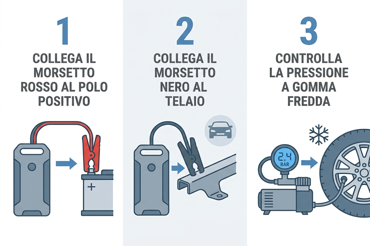 Diagramma con i passaggi corretti per collegare un avviatore di emergenza e per gonfiare un pneumatico con un compressore portatile