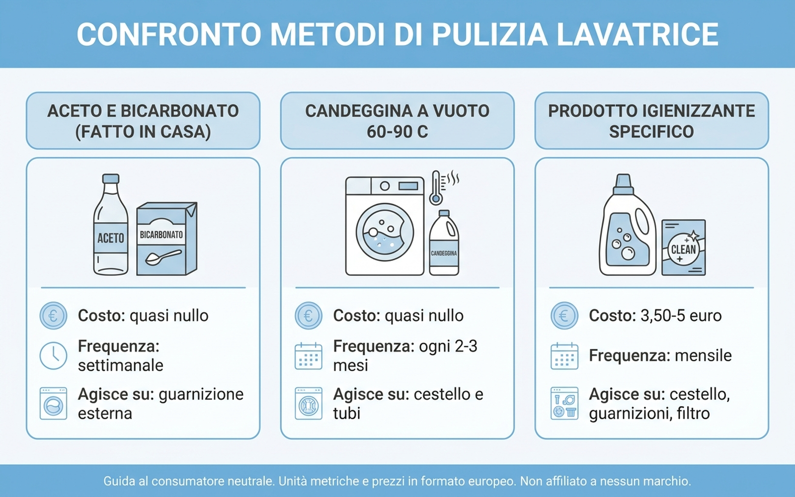 Infografica di confronto tra metodi di pulizia della lavatrice: aceto e bicarbonato, candeggina, prodotti igienizzanti specifici