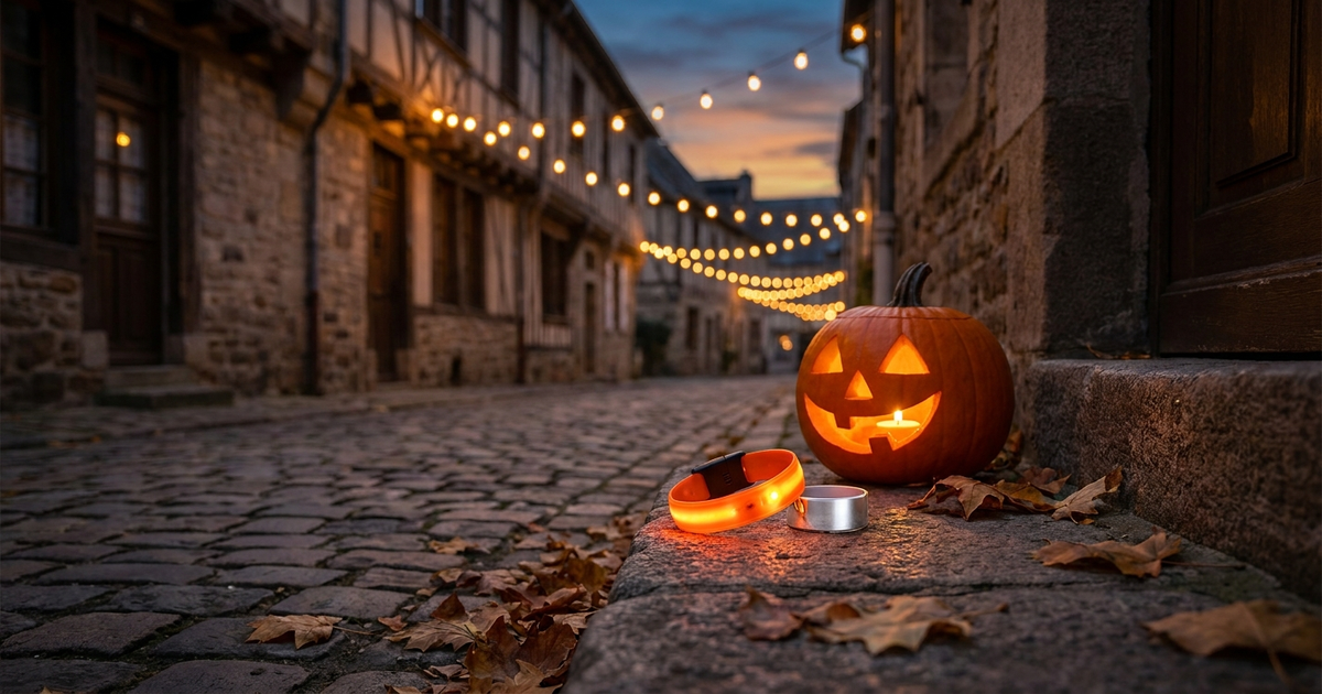 Bambini in costume da Halloween che camminano su un marciapiede al crepuscolo con accessori luminosi visibili al polso, contesto europeo, nessun testo in immagine